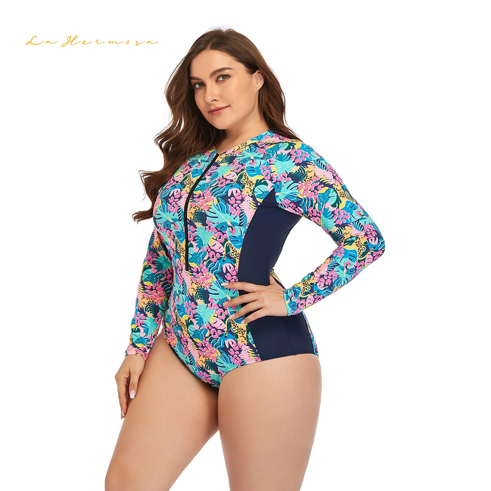 Summer Women Plus Size One-Piece Long Sleeves Zipper Printing Swimwear with Chest Pad Without Underwire Sporty Bathing Suit Wholesale Swimsuit