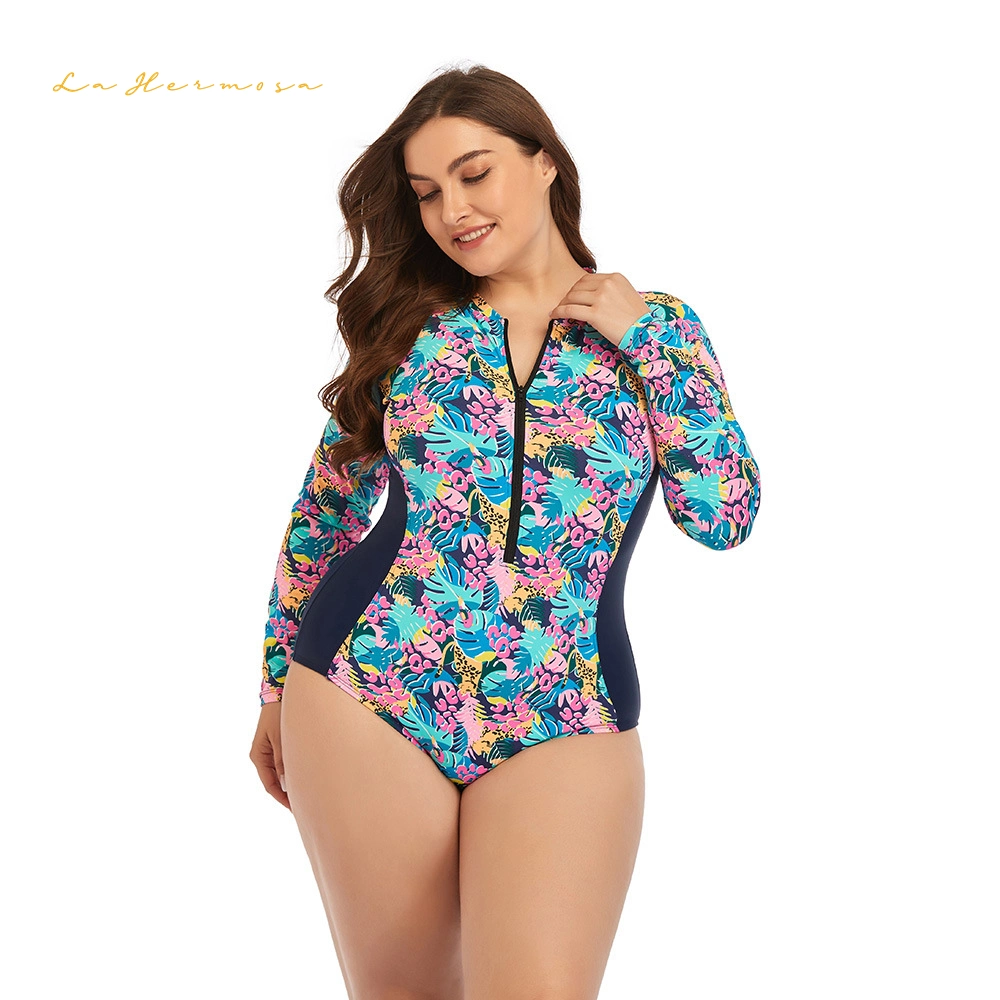 Summer Women Plus Size One-Piece Long Sleeves Zipper Printing Swimwear with Chest Pad Without Underwire Sporty Bathing Suit Wholesale Swimsuit